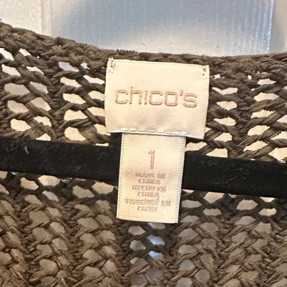 Chico's Dark Olive Green and Silver V-Neck Open Knit Sweater 3/4 Sleeve Size 1 - Picture 2 of 5